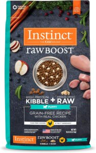 Real chicken and freeze-dried raw pieces flavor Instinct Raw Boost Puppy Grain-Free Recipe dry dog food.